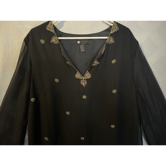 Vtg CAROLE LITTLE Woman Whimsigoth Boho Embroidered Beaded Black Silk Tunic 2X - Picture 2 of 8